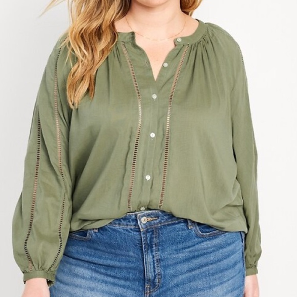 Old Navy Top 3X Green Button Down Boho Peasant Eyeletβ Festival